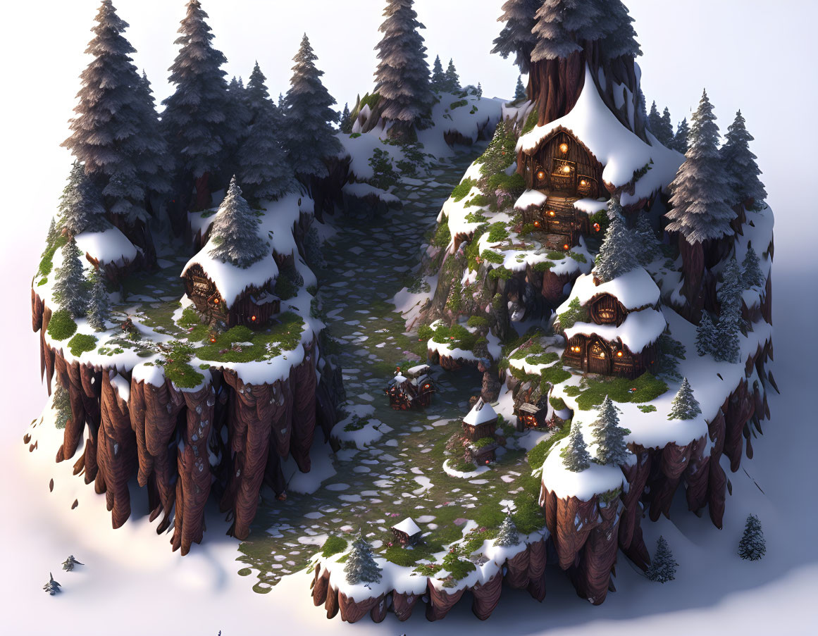 Snowy Winter Village with Cozy Cottages and Snow-Covered Trees
