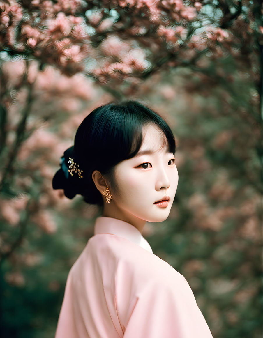 Traditional Attire Woman Amid Pink Blossoms