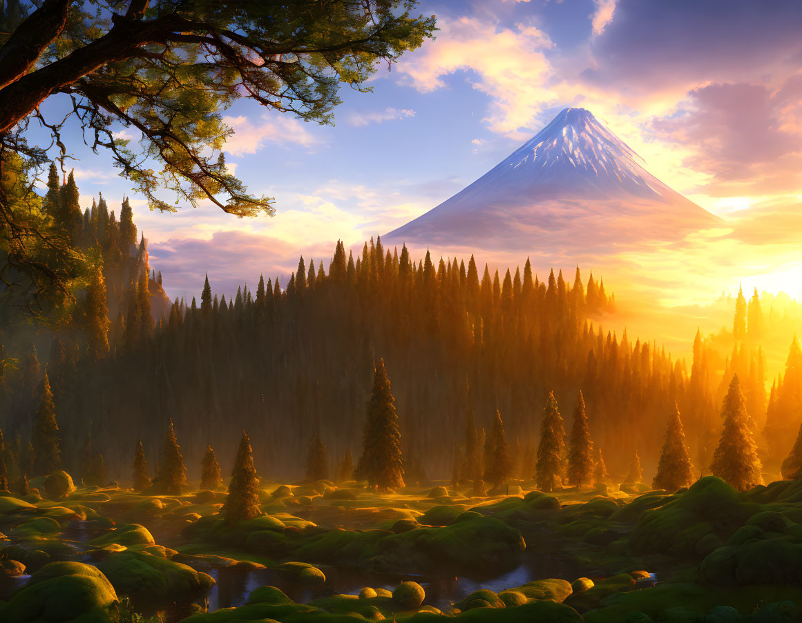 Majestic mountain landscape with lush greenery and golden sunrise light