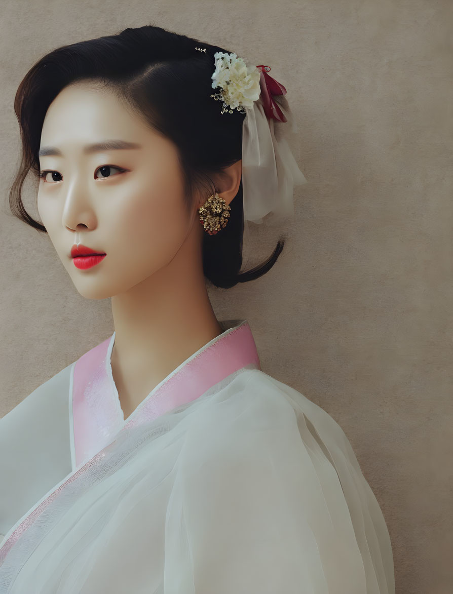 Traditional Korean Attire Woman with Elegant Makeup and Flower Adorned Hair