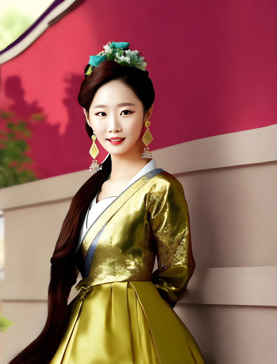 Traditional Korean hanbok in gold and green with colorful accessories on smiling woman