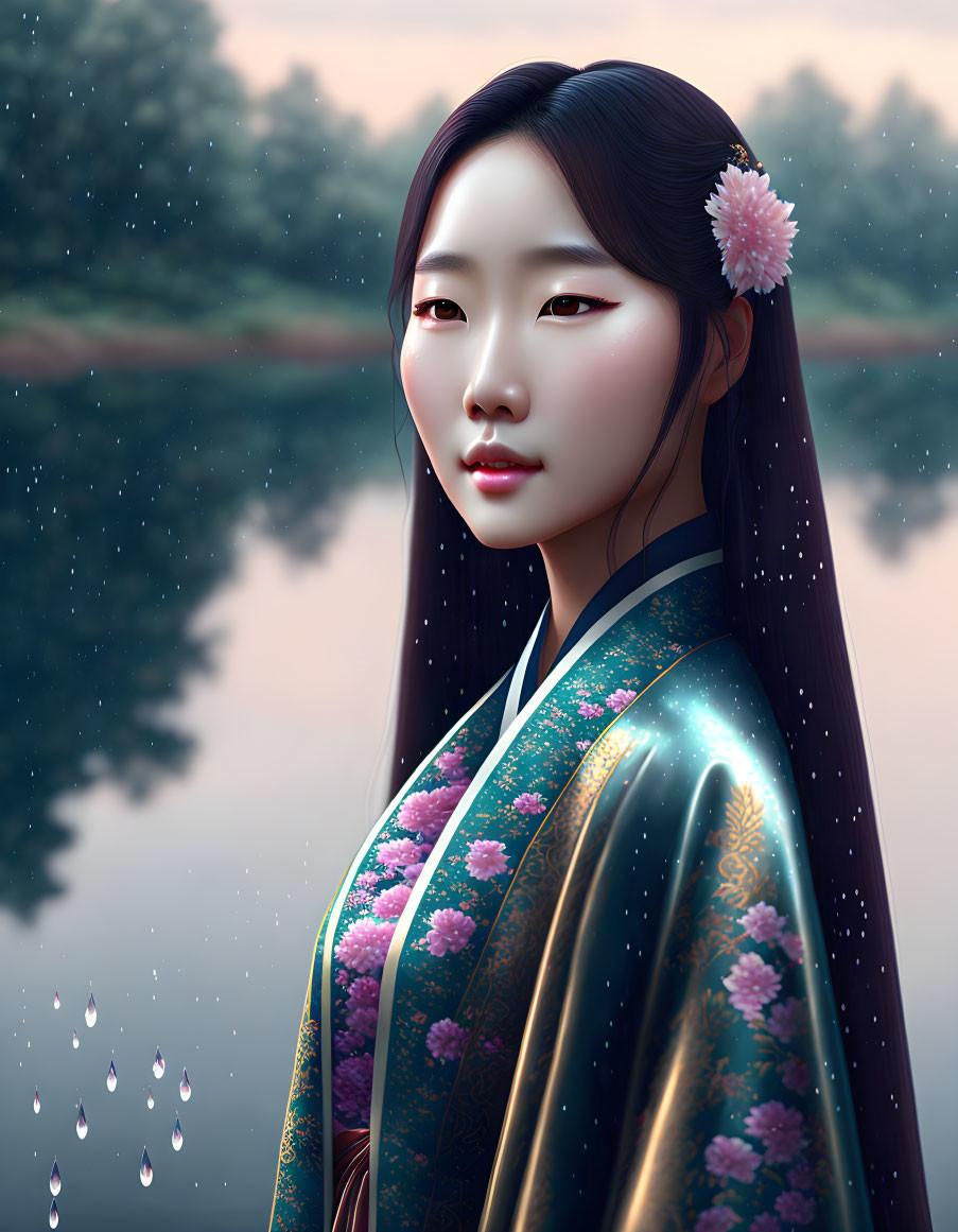 Digital portrait: Woman in black hair, Hanbok attire, floral patterns, by serene lake.