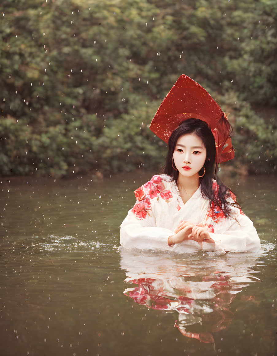 Person in traditional attire sitting in water with red headpiece, contemplating in rain-kissed setting.
