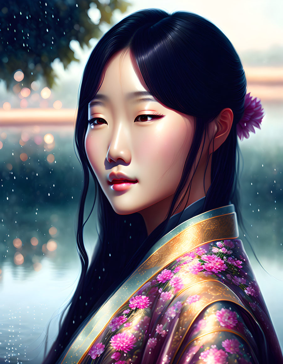 Digital painting of woman in floral traditional garment with raindrops background