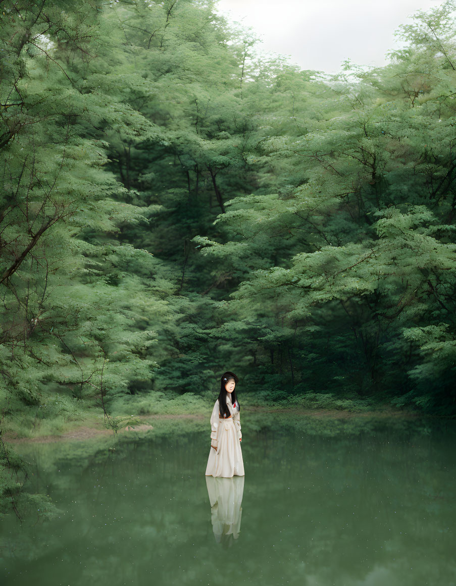 Tranquil person in lush green surroundings by reflective waters