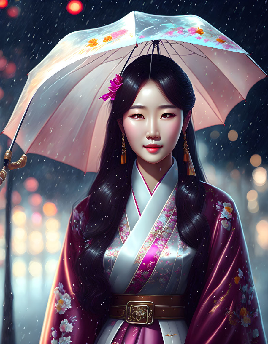 Traditional Korean attire woman with floral umbrella in serene snow scene