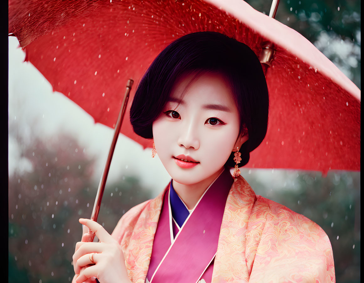 Person in Traditional Korean Hanbok with Red Umbrella in Snowfall