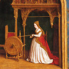 Medieval woman by spinning wheel in ornate Gothic room