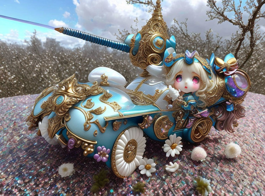 Anime-style character on ornate fantasy vehicle with sparkling flora