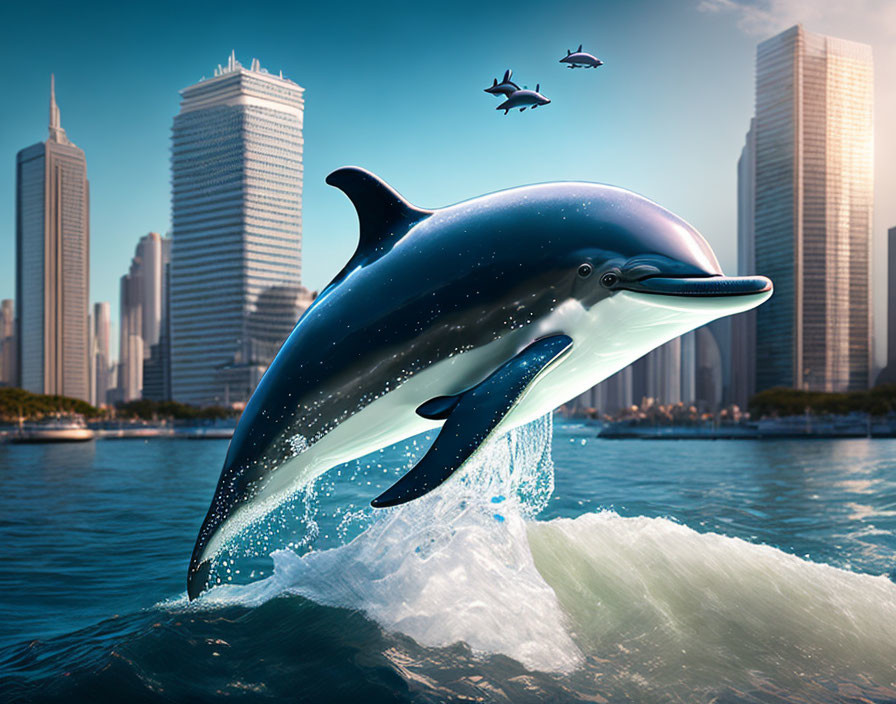 Dolphin leaping from water with cityscape backdrop