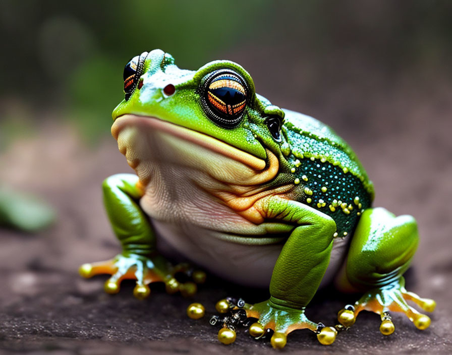 Vibrant green and yellow frog with orange and black eyes on dark surface