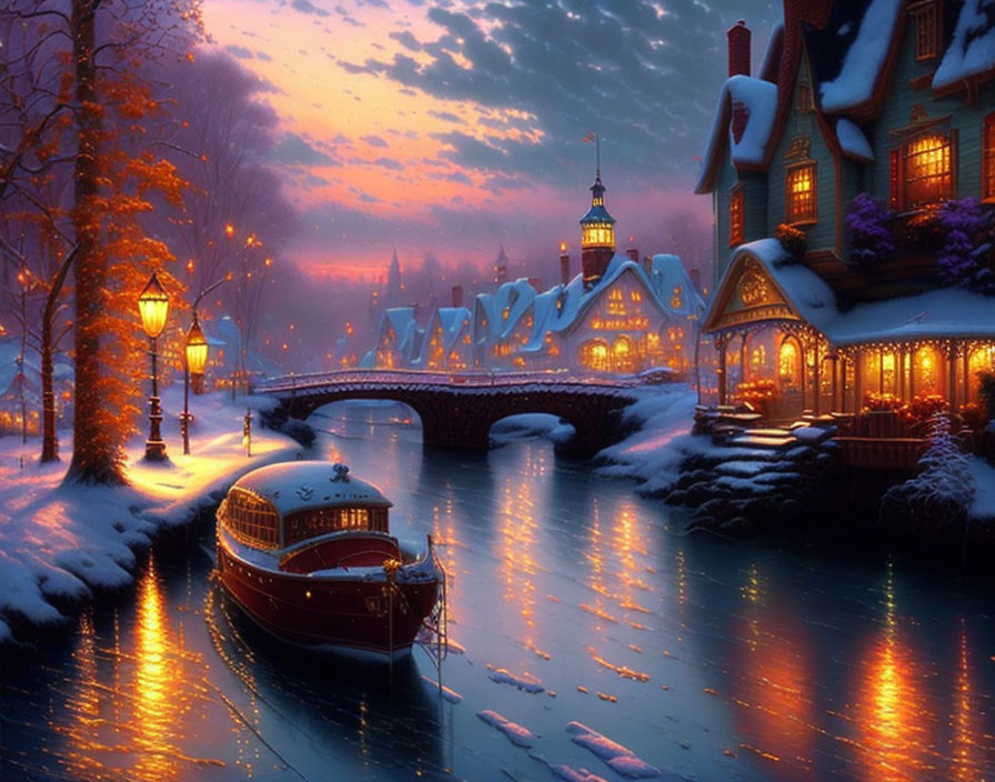 Snow-covered houses and boat on river in serene winter twilight