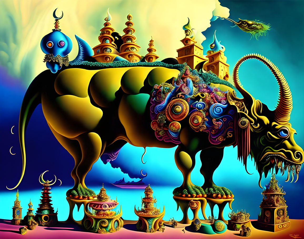 Colorful surreal artwork: Mythical bull with ornate decorations on fantastical architecture, set against dream
