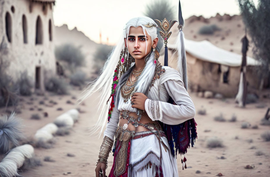 Woman in tribal attire standing in desert with tents and building.