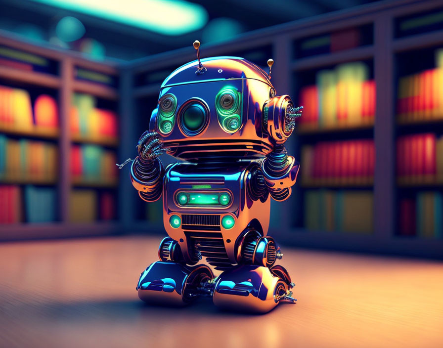 Colorful Bookshelf Background with Whimsical Robot and Antenna