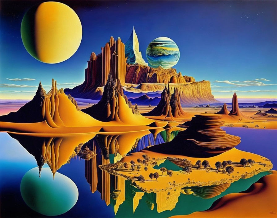 Surrealist landscape with desert mesas, water, islands, and alien planets