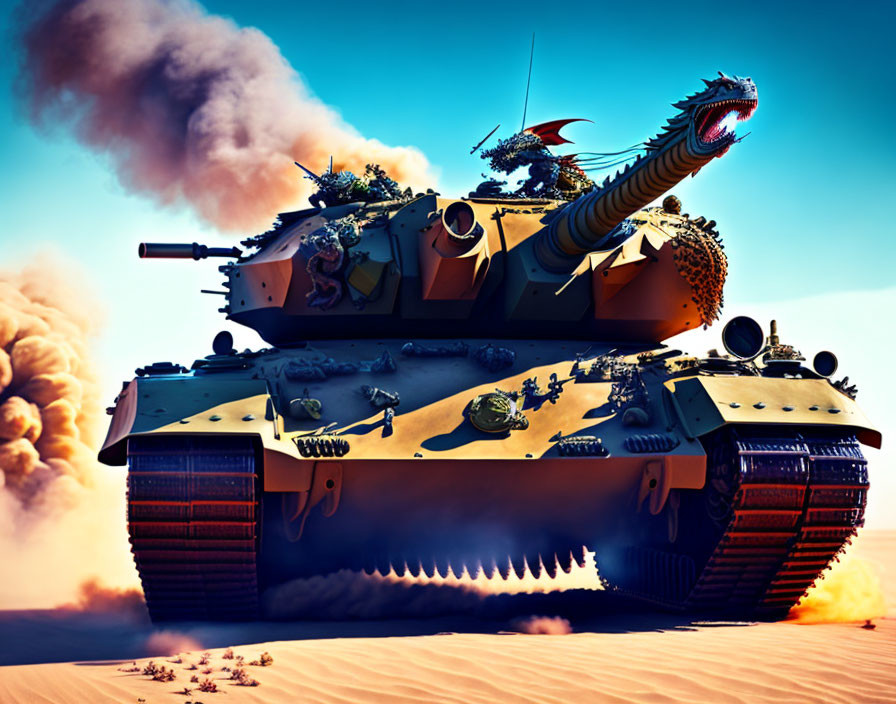 Colorful surreal illustration of decorated tank with mythical creature features in desert under blue sky with smoke clouds