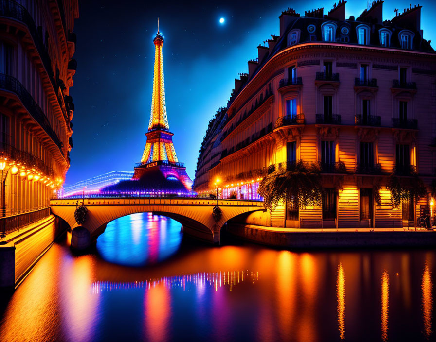 Vibrant night scene with illuminated Eiffel Tower, lit bridge, and starry sky.