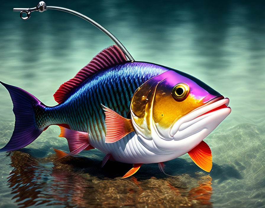 Colorful digital illustration of a hooked fish above clear water