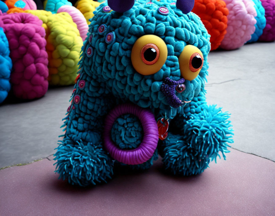 Colorful Textured Plush Creature with Multiple Eyes and Spiral Tail Against Vibrant Background