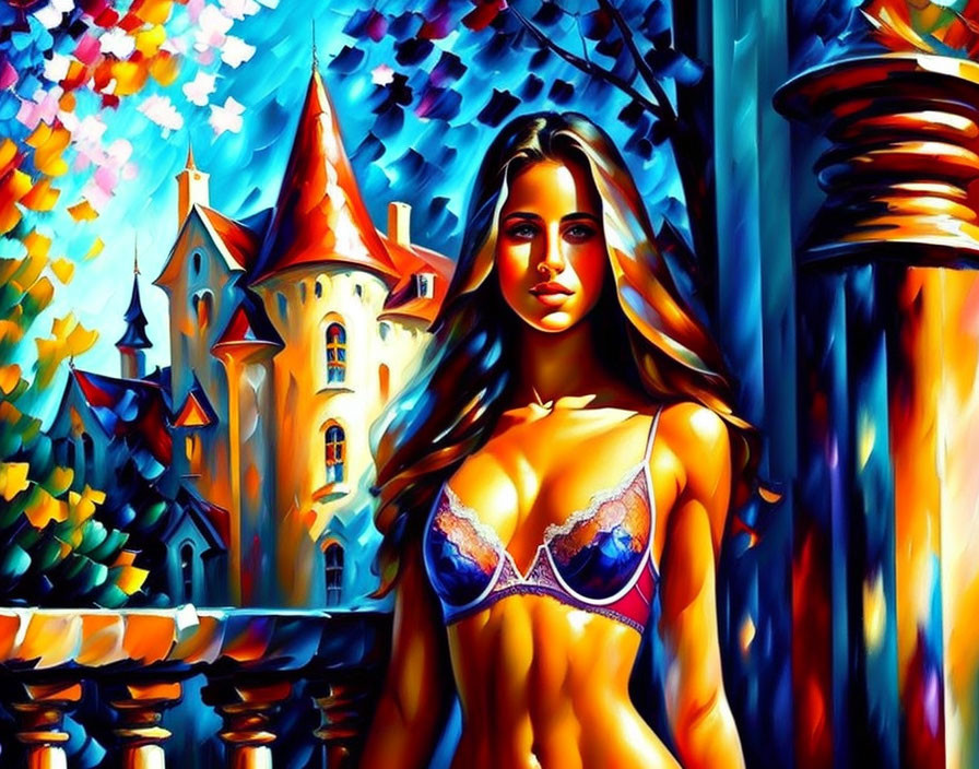 Colorful painting of woman in lingerie with castle and trees in background