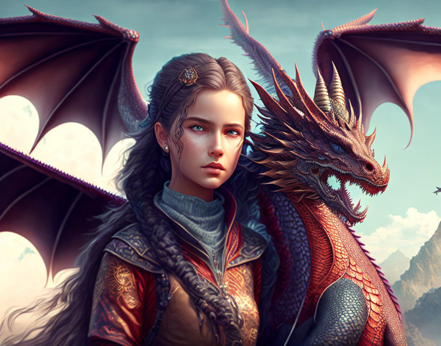 Fantasy illustration of young woman in ornate armor with red dragon under cloudy sky