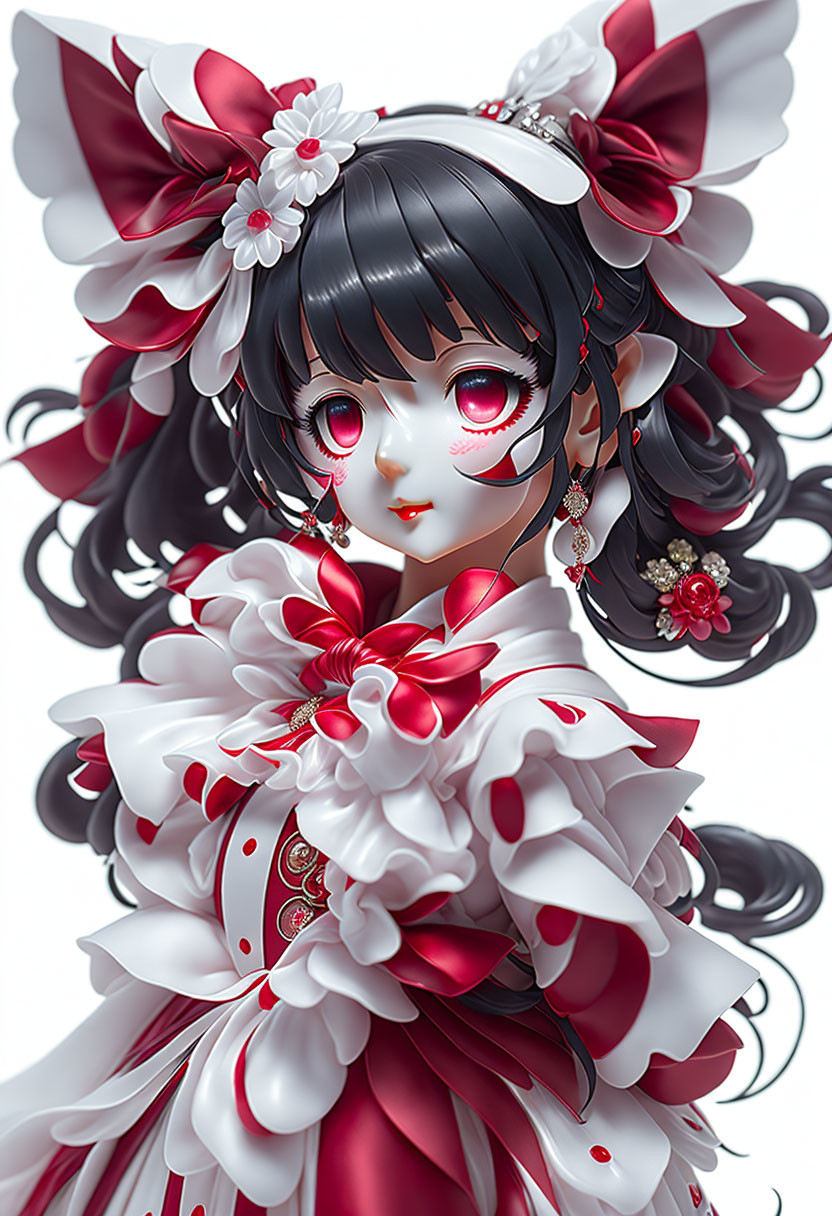 Detailed illustration of girl with red bows, intricate dress, dark hair, and red eyes
