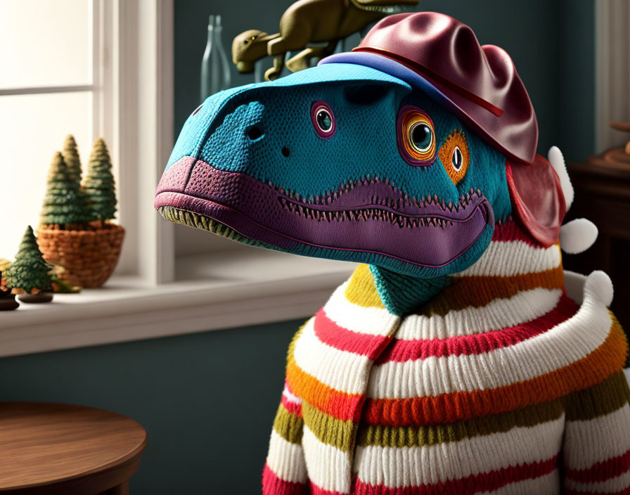 Colorful Dinosaur in Striped Sweater and Pink Hat Beside Window and Tree
