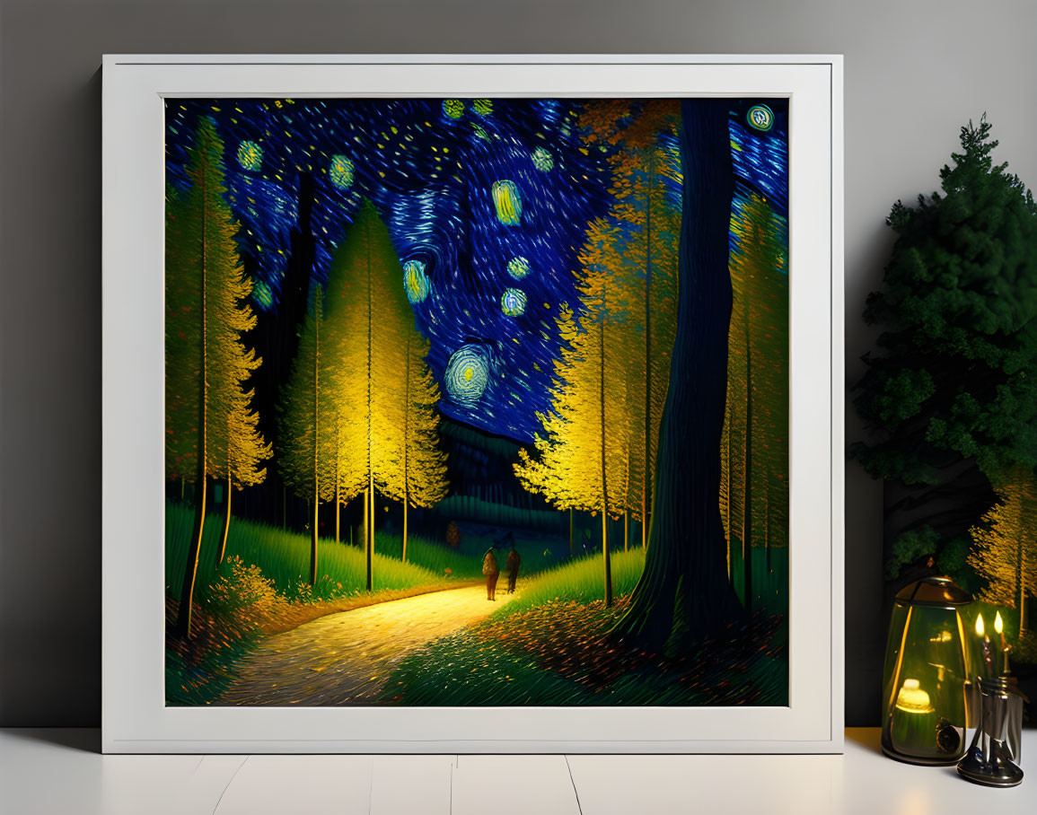 Framed painting of couple in starry forest with lit lanterns