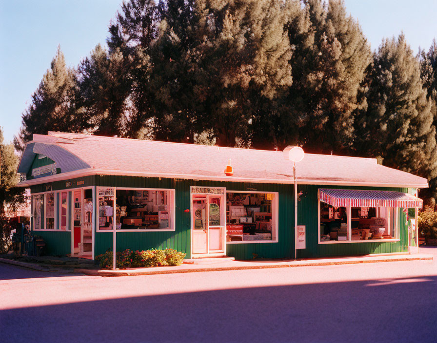 Classic Diner with Green and White Exterior, Large Windows, Striped Awnings