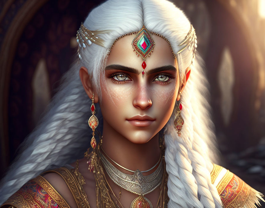 Fantasy artwork featuring character with white hair, elf-like ears, gold jewelry, and red gem decoration