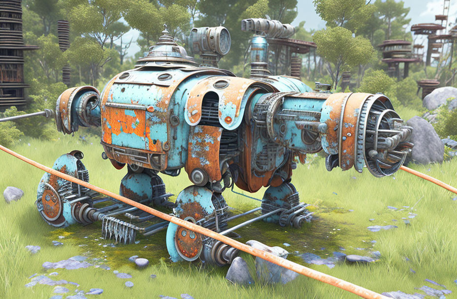 Weathered blue and orange robot with multiple arms in rustic setting