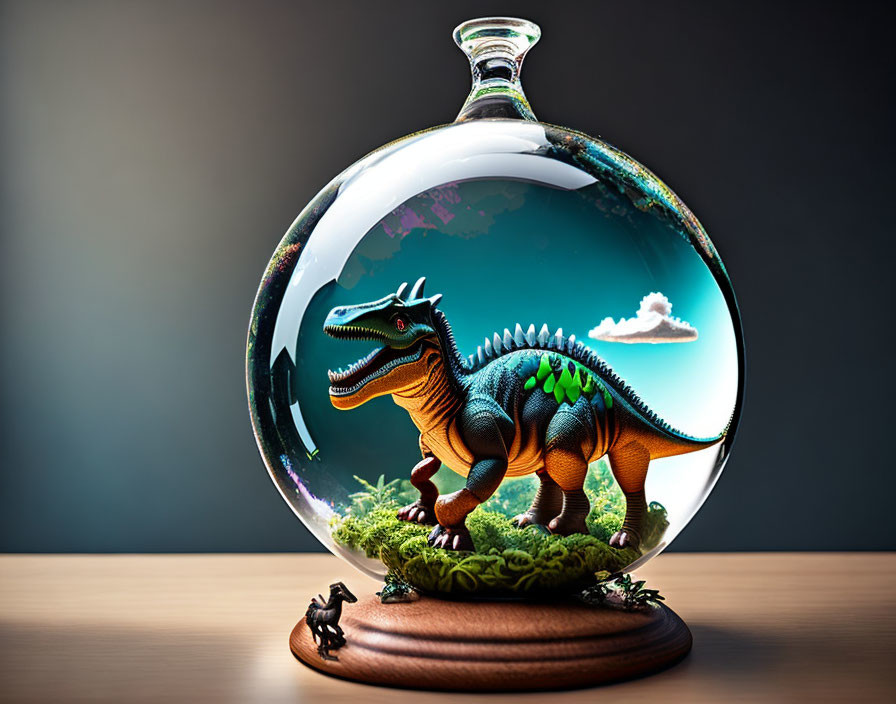 Colorful Stylized Dinosaur Figurine in Glass Dome Display