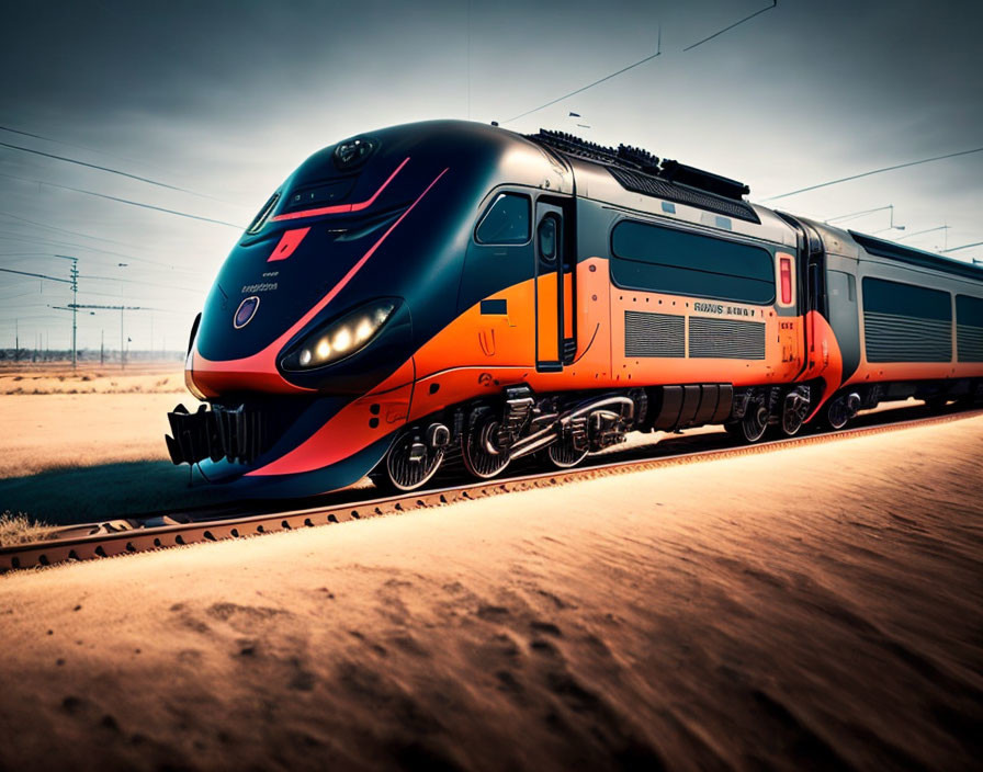 Modern Passenger Train with Blue and Orange Livery Gliding in Sunlit Landscape