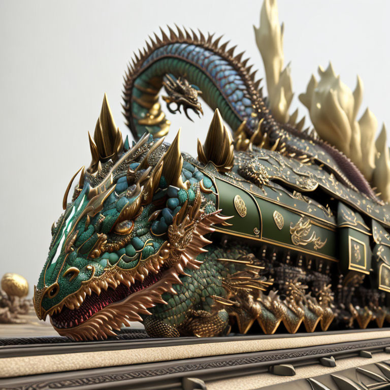 Detailed Metallic Dragon Sculpture with Golden Spikes & Ornate Patterns