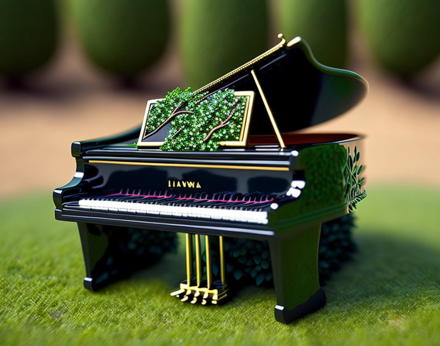 Miniature Grand Piano with Tree Design on Open Lid Against Blurred Green Background with Cactus Shapes