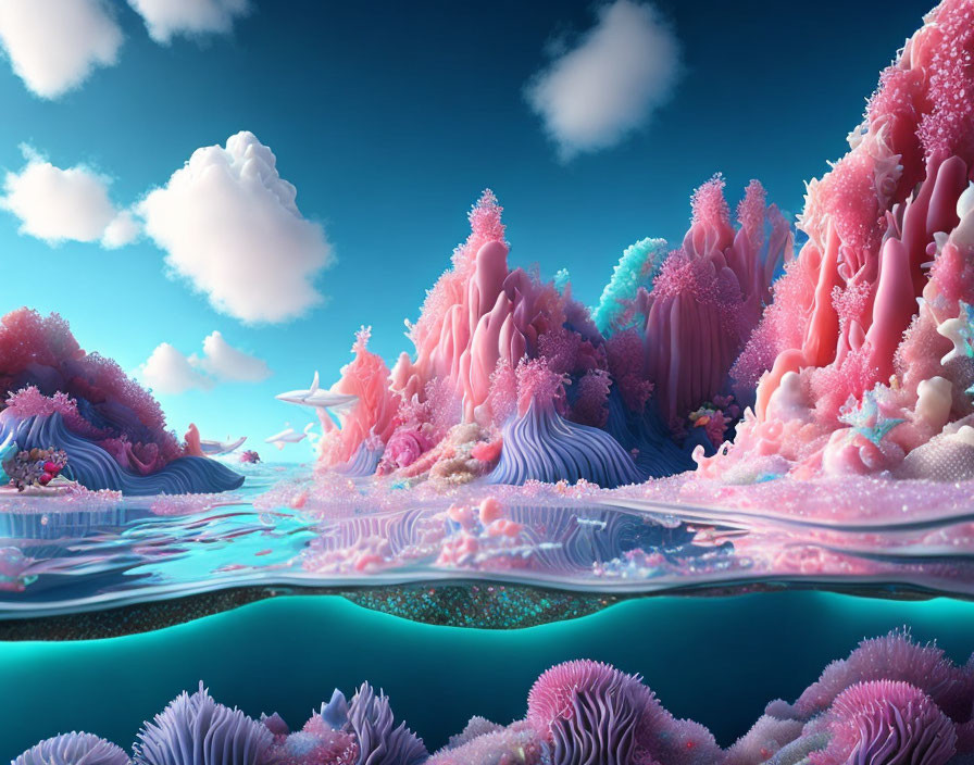 Vibrant pink coral-like structures in surreal landscape
