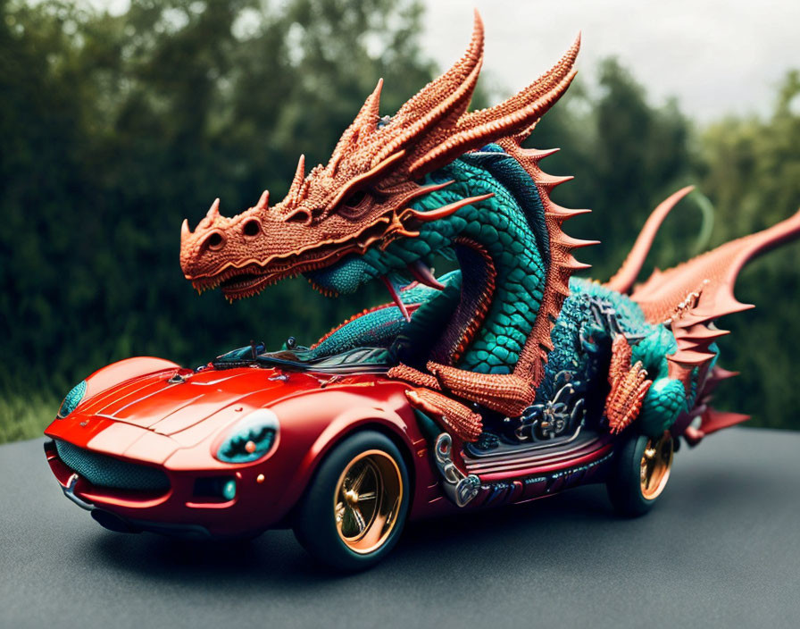 Detailed Dragon Sculpture Merged with Red Sports Car on Blurred Background