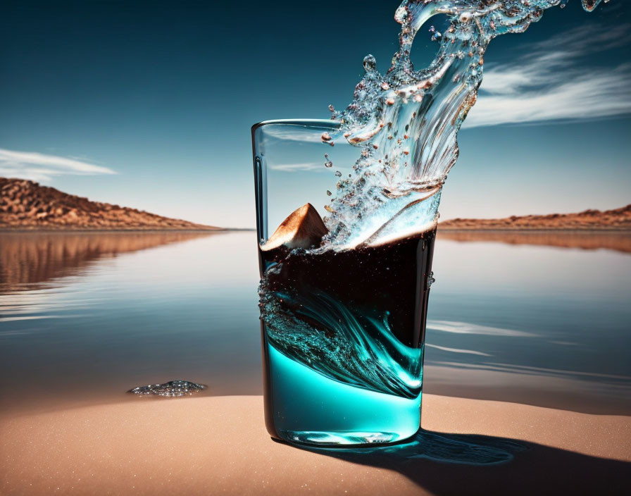 Glass with liquid splash against desert and blue sky.