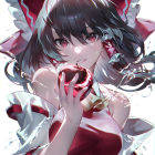Detailed illustration of girl with red bows, intricate dress, dark hair, and red eyes