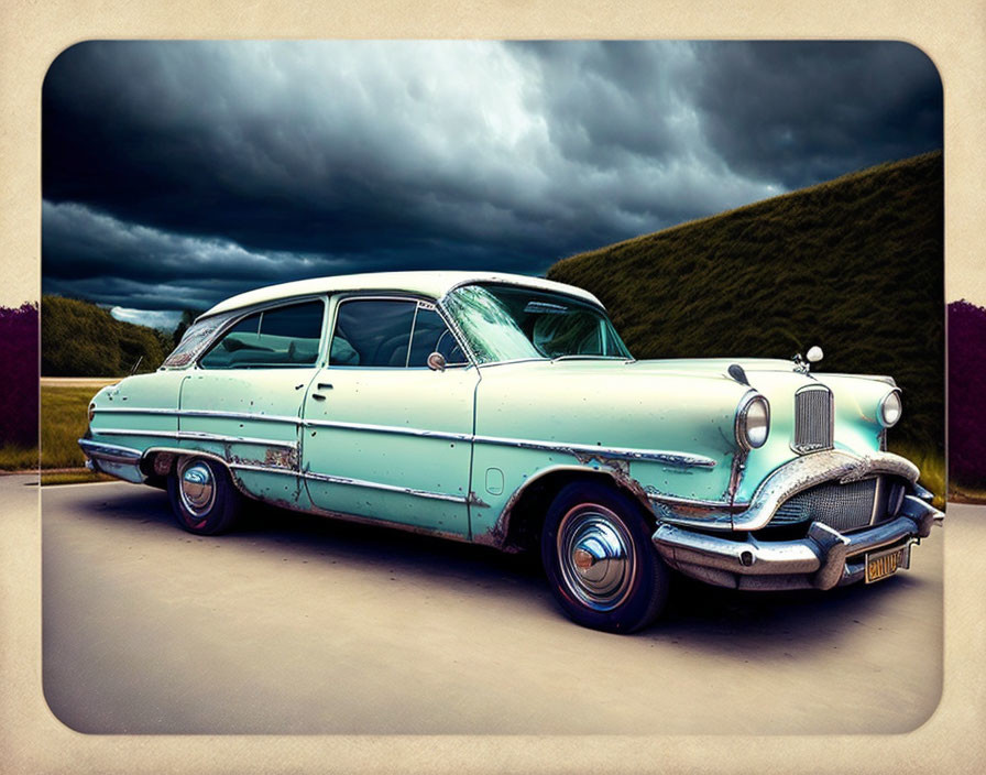 Vintage Teal and White Car with Rust on Road under Moody Skies