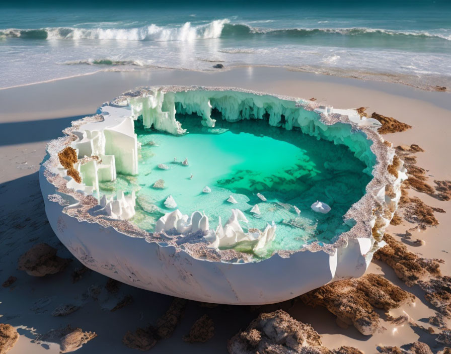 Cake-shaped ice formation on beach with waves and aqua-colored pool