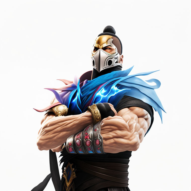 Muscular animated character with silver mask and glowing blue magical energy