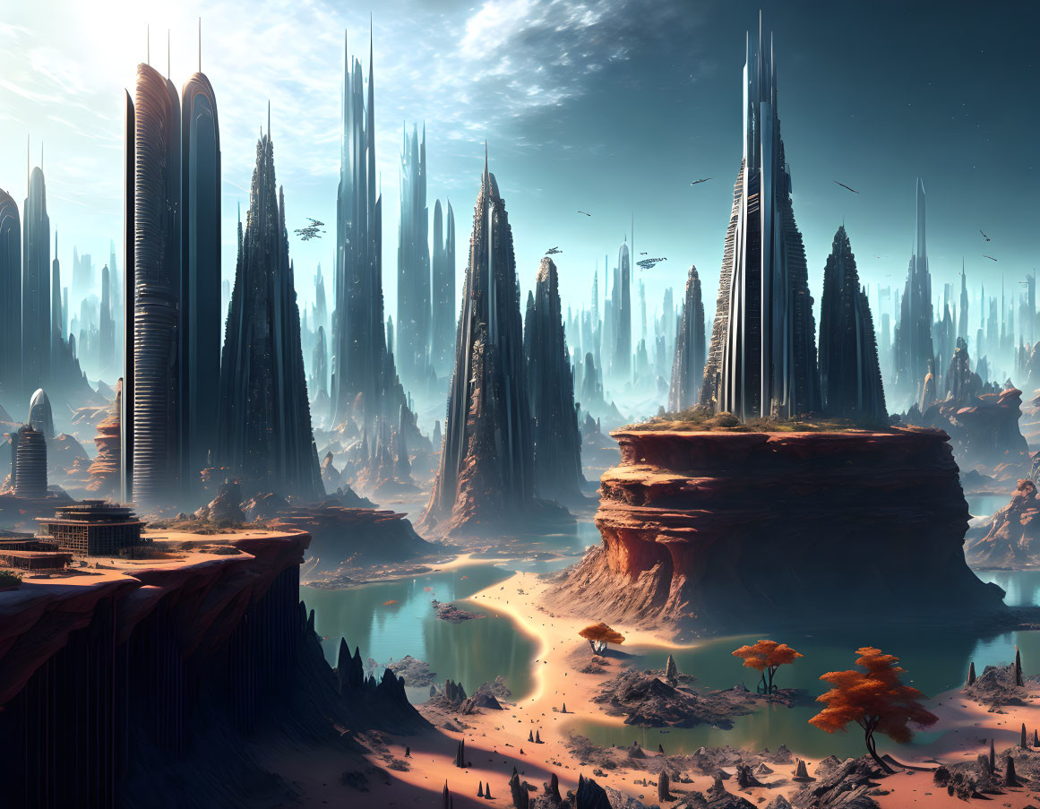 Futuristic cityscape with towering spires in desert cliffs by serene lake