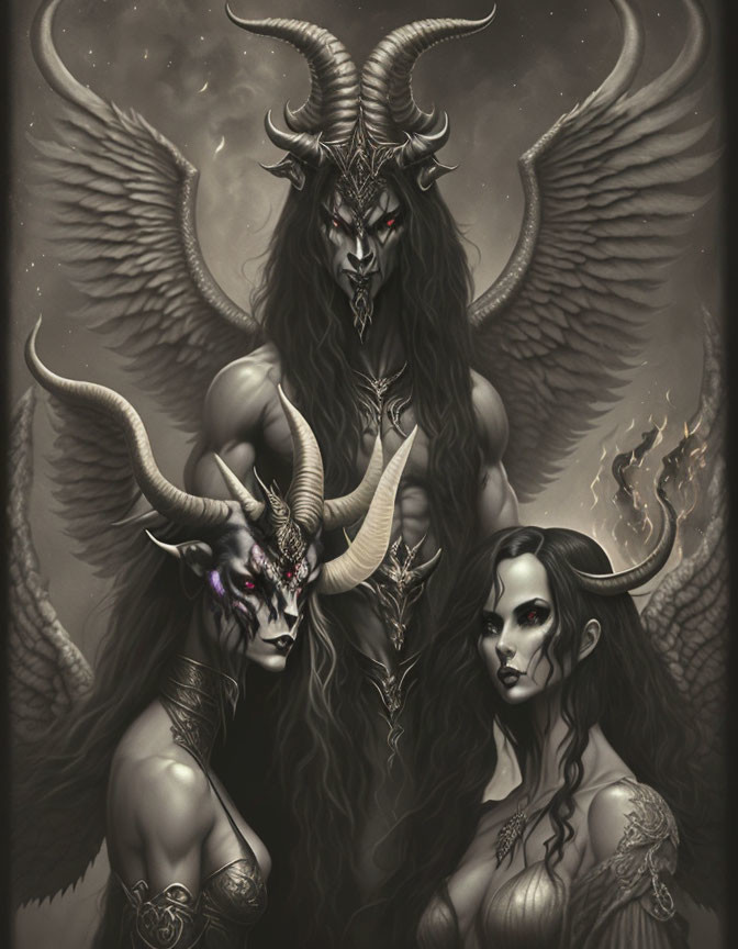 Three gothic demonic figures with horns and wings on a dark background.