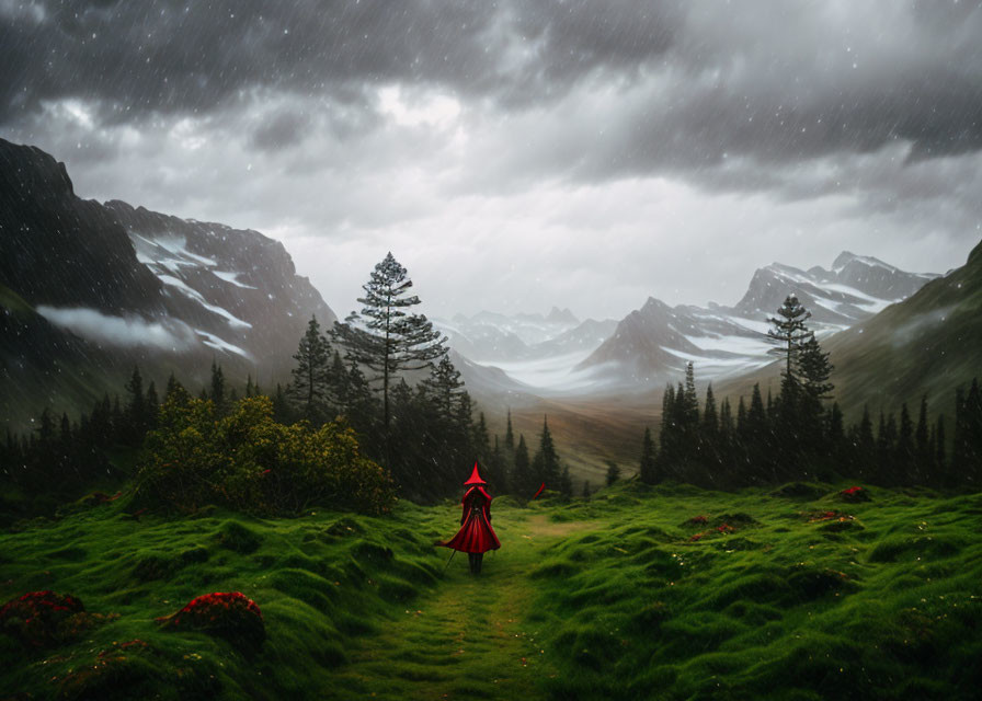 Solitary Figure in Red Cloak Standing in Verdant Valley