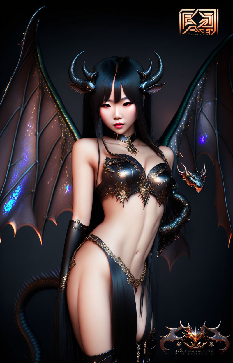 Fantasy female character with dark hair, horns, wings, and armor