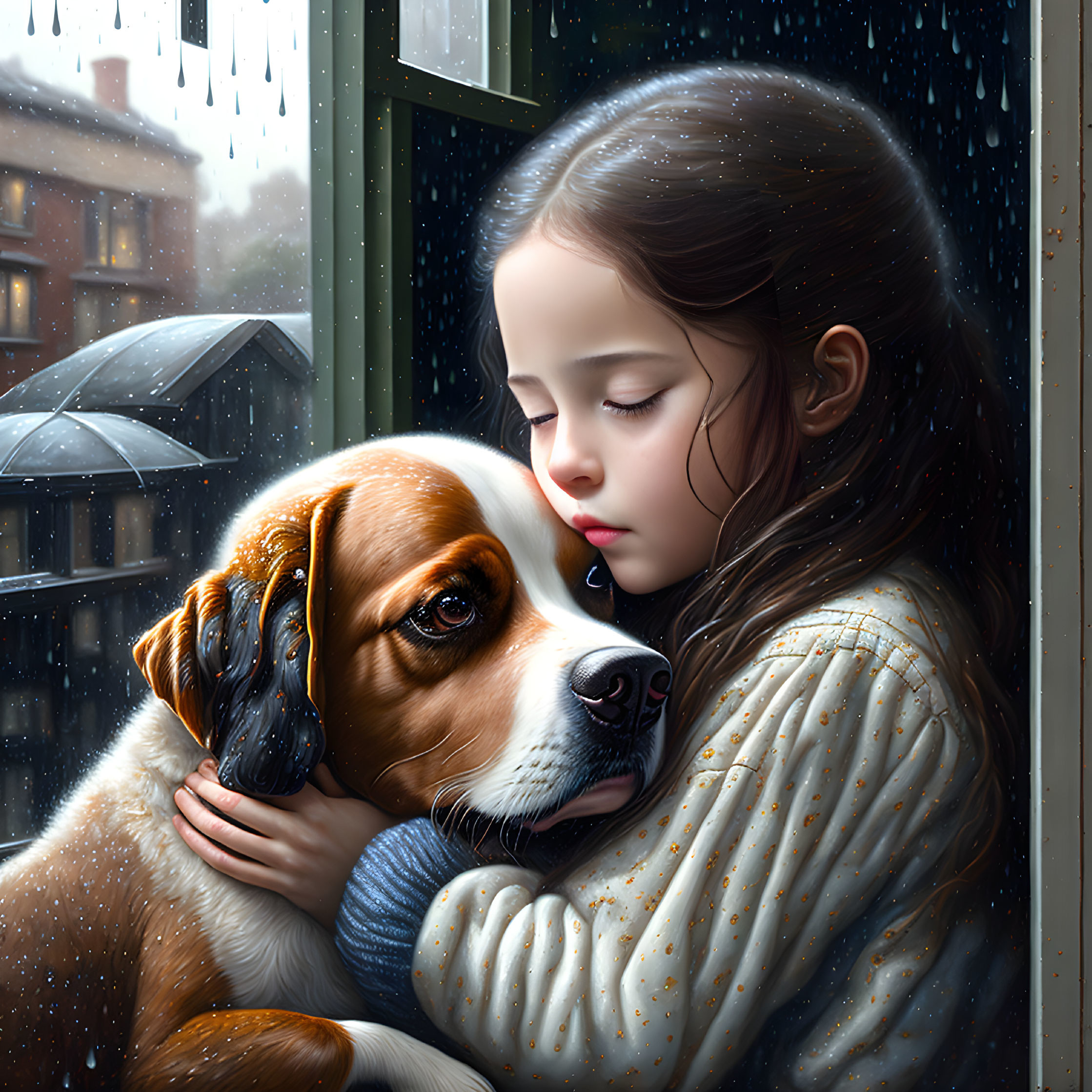 Young girl and beagle embrace by rain-splattered window with umbrella.