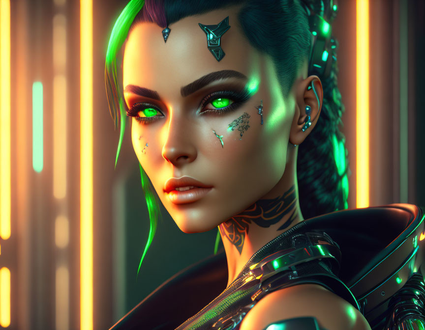 Vibrant green hair woman with futuristic makeup in neon-lit setting
