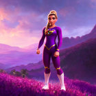 Animated female character in purple superhero suit in vibrant landscape
